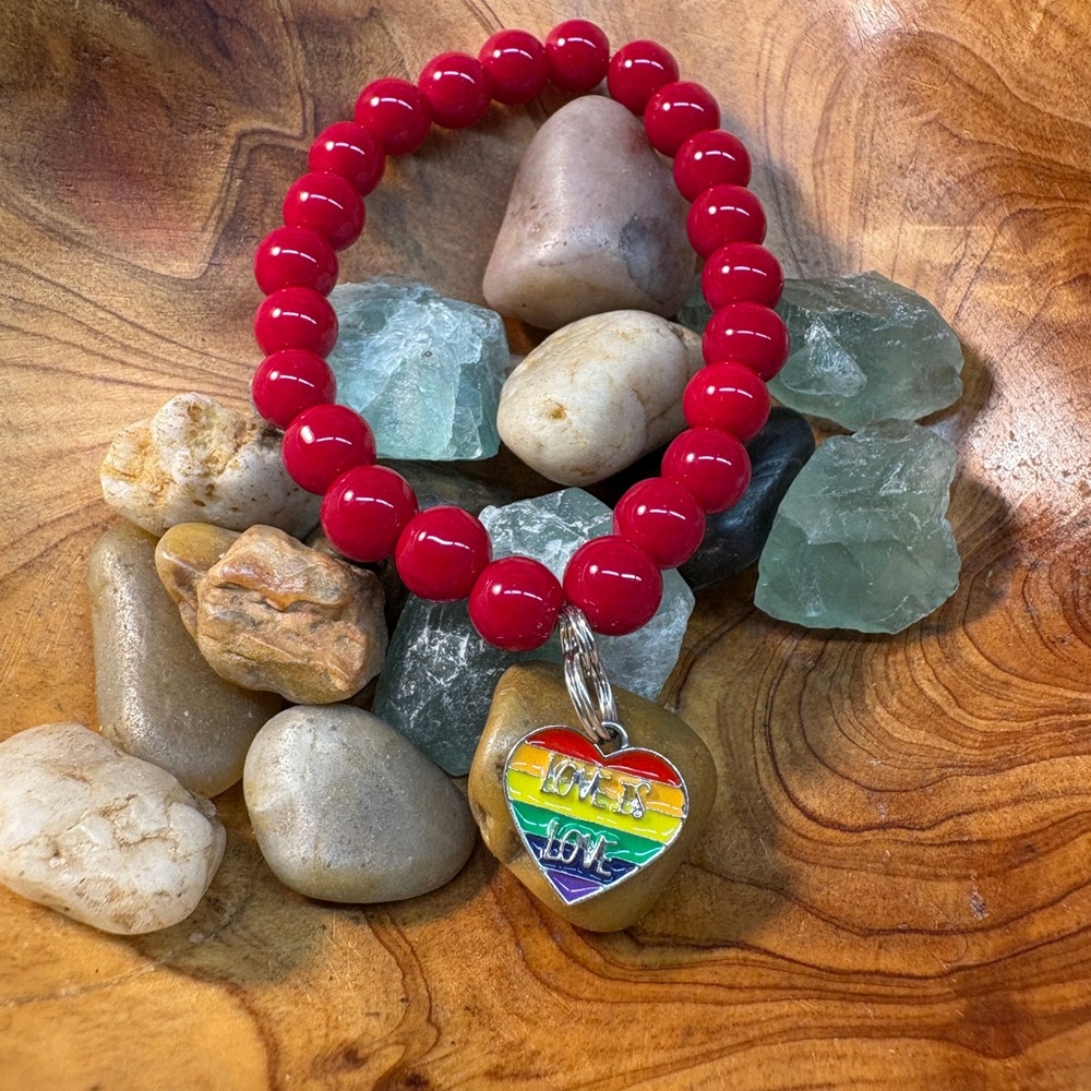 Red Beaded Bracelet with Rainbow Heart Charm